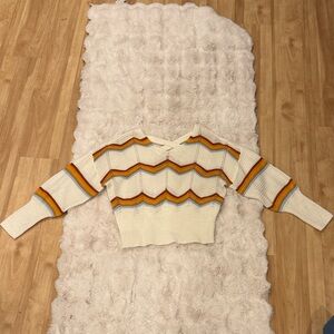 Cream V-Neck Striped Chevron Knit Sweater with Retro Colors